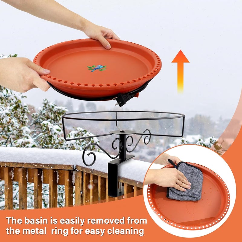 Lovppy Heated Bird Baths for Outdoors for Winter, 100W Heated Bird Bath Water Heater with Thermostatically Controlled, Heated Bird Bath for Deck Railing Outside Garden Patio Yard (Brown) - Image 4